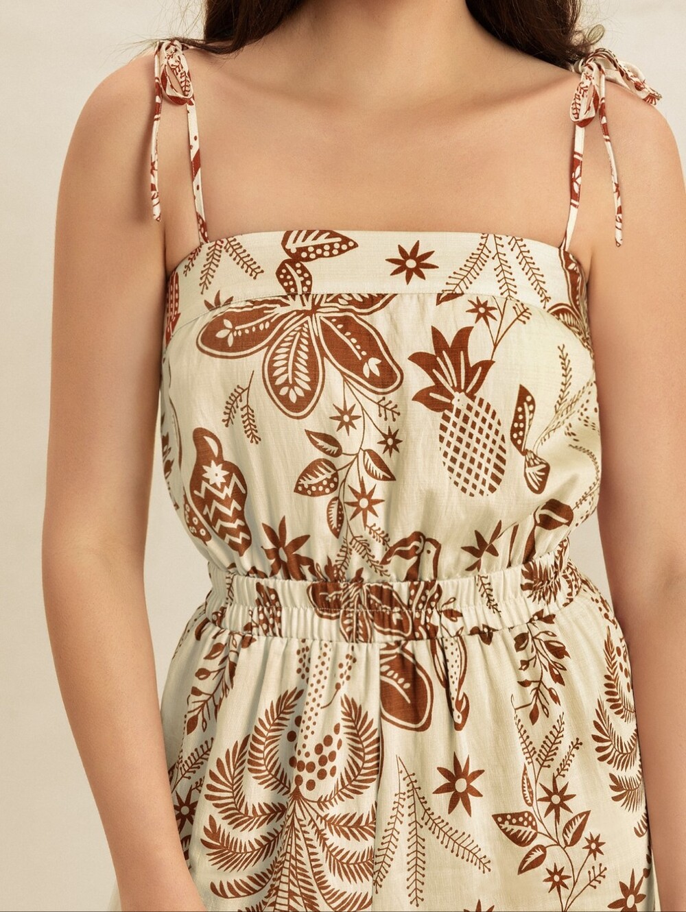 Women's Cream & Brown Printed Wide-Leg Jumpsuit - Picture 2 of 8